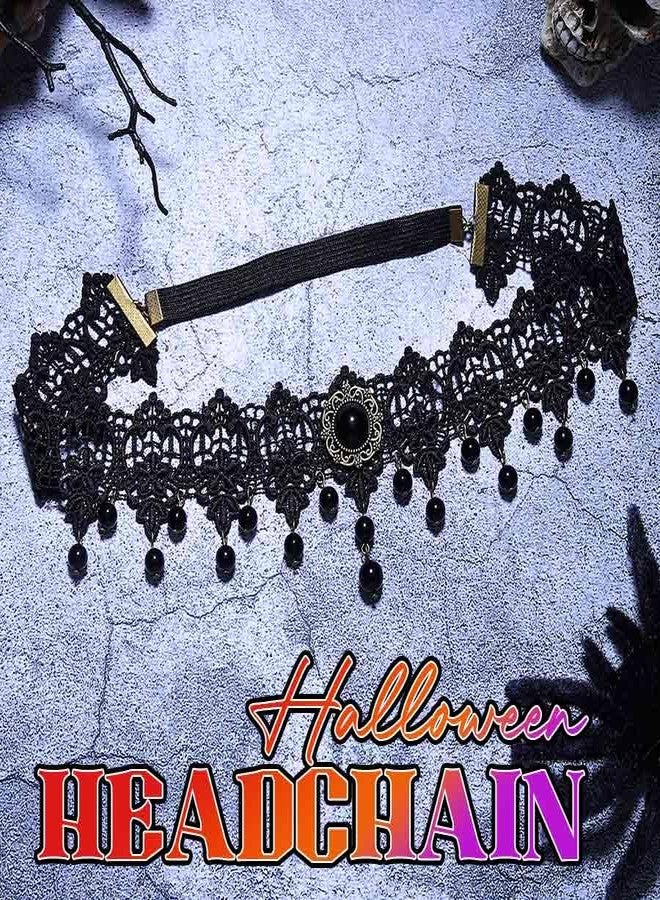 CLOACE Gothic Headband Black Rhinestone Lace Headpiece Beaded Halloween Headchain for Women (Beads) - Image 2