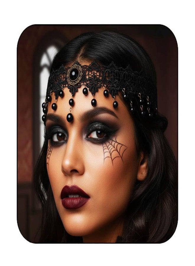 CLOACE Gothic Headband Black Rhinestone Lace Headpiece Beaded Halloween Headchain for Women (Beads) - Image 1