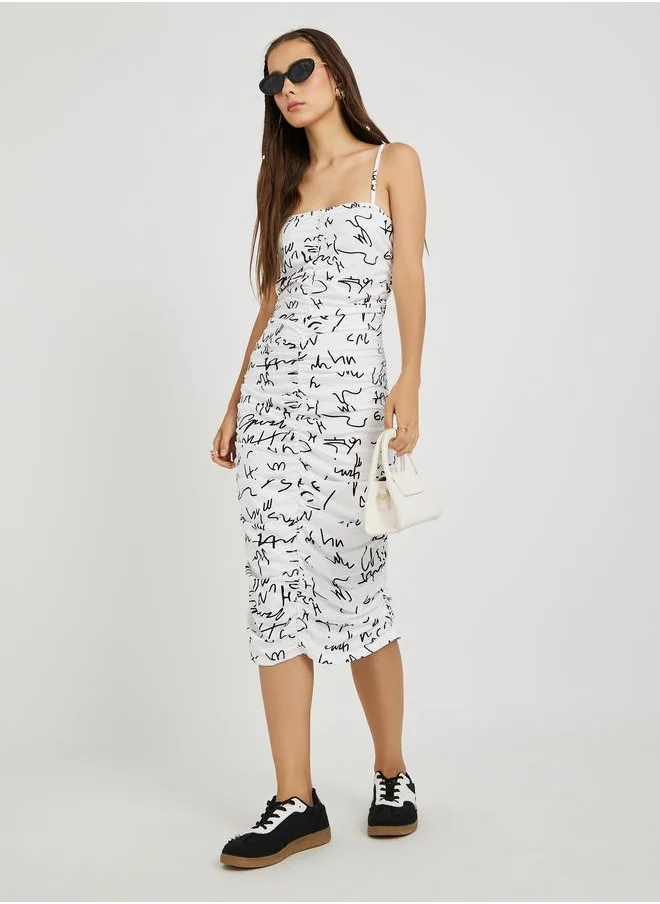 Take Two Take Two All-Over Printed Ruched Detail Strappy Midi Dress