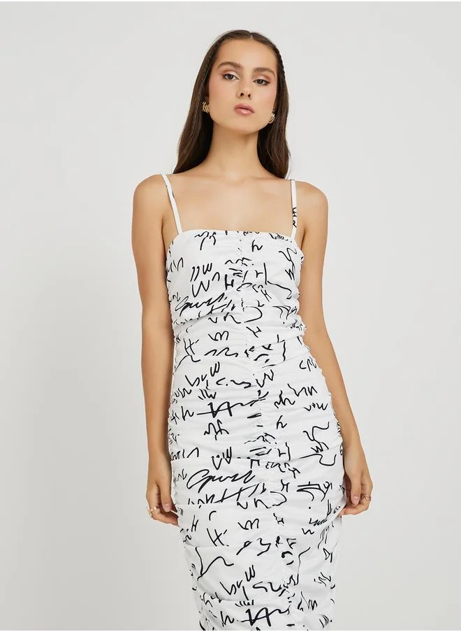 Take Two Take Two All-Over Printed Ruched Detail Strappy Midi Dress
