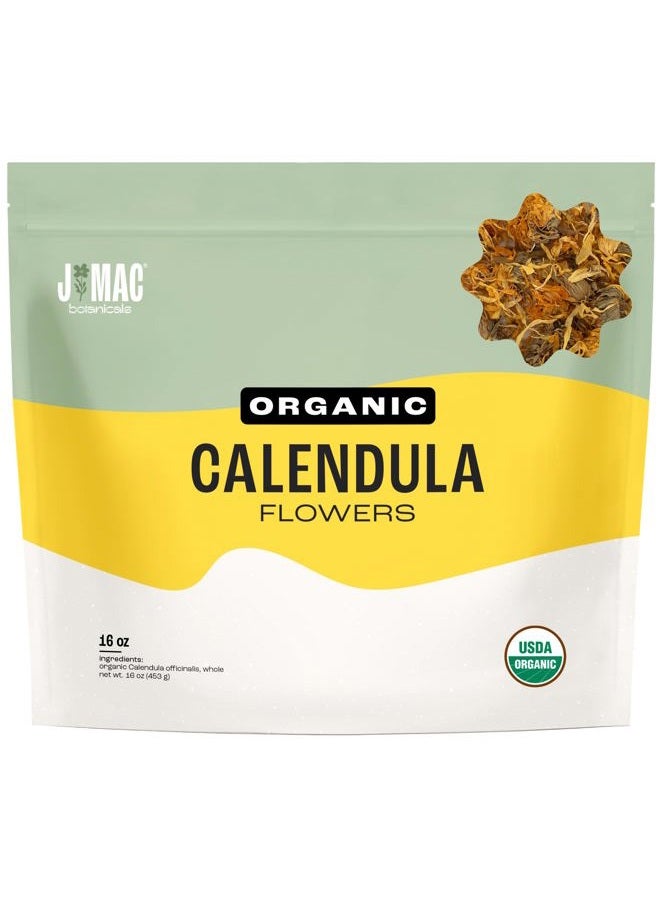 J Mac Botanicals, Organic Calendula Flower (16 ounce), whole dried flowers and petals, loose leaf tea, marigold flower, USDA Certified Organic. Great for loose leaf teas, cocktail bombs, salve - Image 1