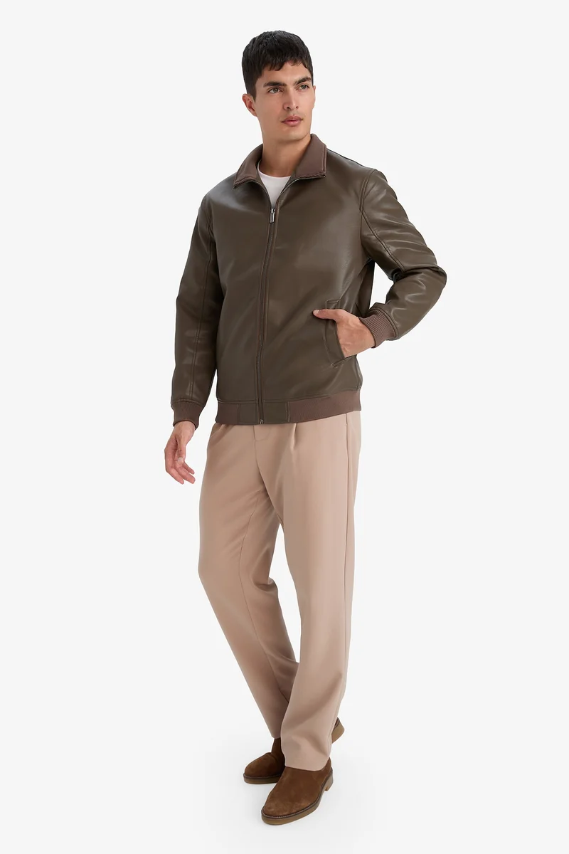 ديفاكتو Slim Fit Stand Collar Lined Zip-Up Faux Leather Jacket