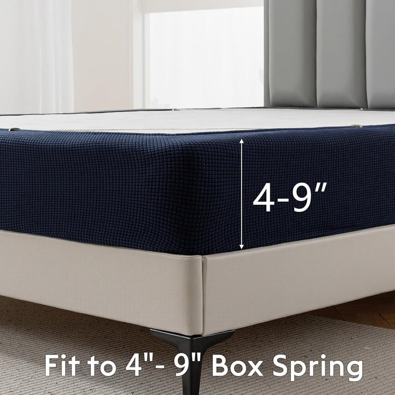 MIYE Jacquard Fabric Box Spring Cover,Super Stretchy Wrap Around 4 Sides Elastic Bed Skirt,Wrinkle & Fading Resistant,Washable & Easy Fit. (Navy, Queen) - Image 2