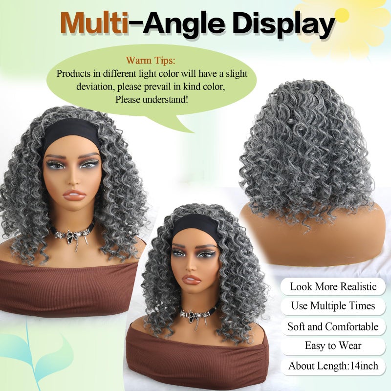 Aisaide Kinky Curly Headband Wig 12 Inch Grey Deep Curly Headband Wigs for Women Short Glueless No Lace Deep Curly Half Hair Wig Dark Silver Grey - Image 2