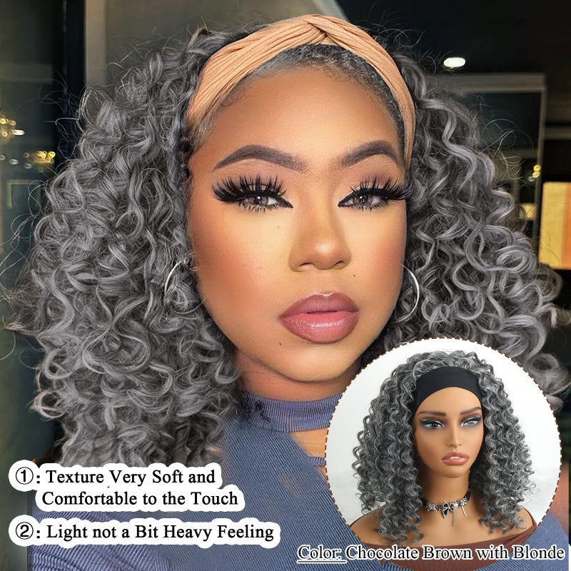 Aisaide Kinky Curly Headband Wig 12 Inch Grey Deep Curly Headband Wigs for Women Short Glueless No Lace Deep Curly Half Hair Wig Dark Silver Grey - Image 4