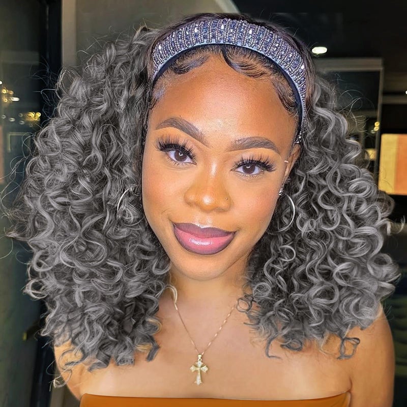 Aisaide Kinky Curly Headband Wig 12 Inch Grey Deep Curly Headband Wigs for Women Short Glueless No Lace Deep Curly Half Hair Wig Dark Silver Grey - Image 1