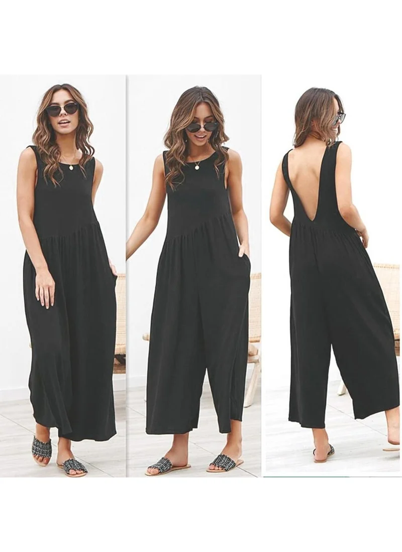 Barbora Linen Summer Casual Backless Casual Women's Jumpsuit LN212SIYAH15