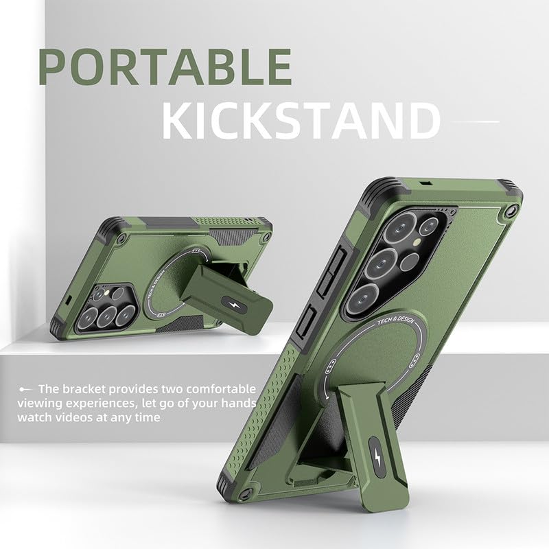 US LITE Back Cover for Samsung Galaxy S25 Ultra with Portable Kickstand | Mag-Safe Compatible Magnetic Case | Shockproof Military Grade Protection | Extreme Protection Phone Cover – Green - Image 5