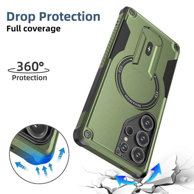 US LITE Back Cover for Samsung Galaxy S25 Ultra with Portable Kickstand | Mag-Safe Compatible Magnetic Case | Shockproof Military Grade Protection | Extreme Protection Phone Cover – Green - Image 3