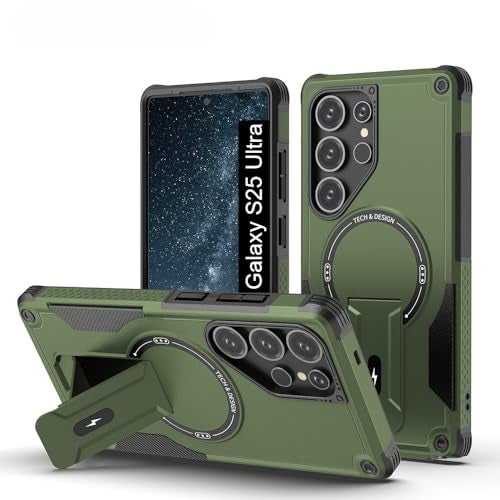 US LITE Back Cover for Samsung Galaxy S25 Ultra with Portable Kickstand | Mag-Safe Compatible Magnetic Case | Shockproof Military Grade Protection | Extreme Protection Phone Cover – Green - Image 1