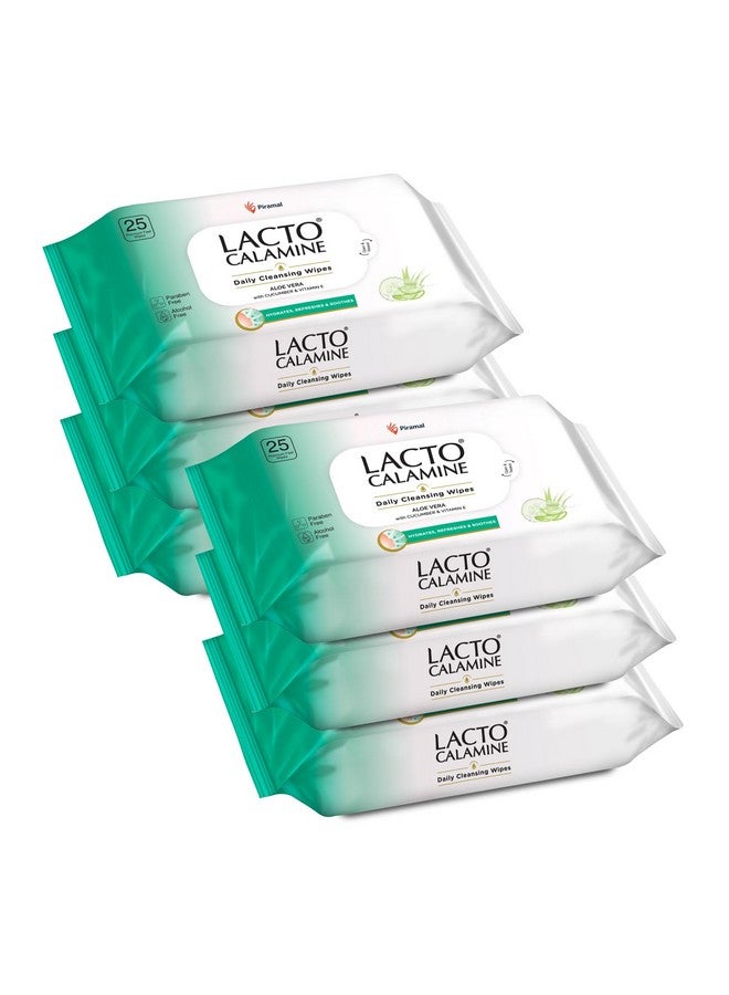 Lacto Calamine Lacto Calamine Daily Cleansing Facial Wipes 25N Each - Pack of 6 | Wet Wipes for Face with Aloe Vera, Cucumber & Vitamin E | Makeup Remover Wipes| Hydrating,Refreshing, Soothing|Paraben & Alcohol Free - Image 1