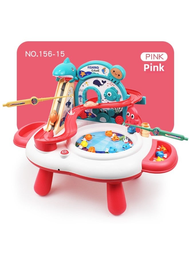 Children's Electric Magnetic Fishing Table Toy Backpack Sailboat Multi-function Early Education Music Rotating Fishing Plate-Color:156-15 Ocean Fishing Platform Pink - Image 1