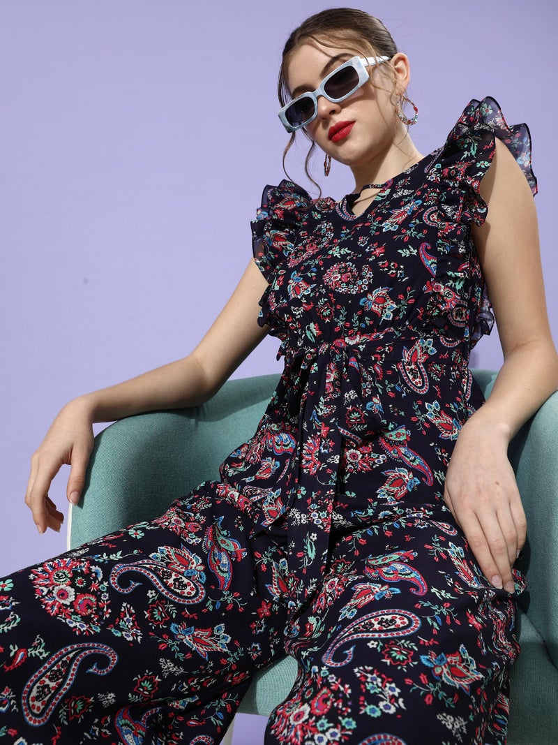 Miss Chase Women's Round Neck Sleeveless Floral Wide Leg Regular Jumpsuit with Pockets (M, Multicolored-Base-Navy Blue) - Image 4