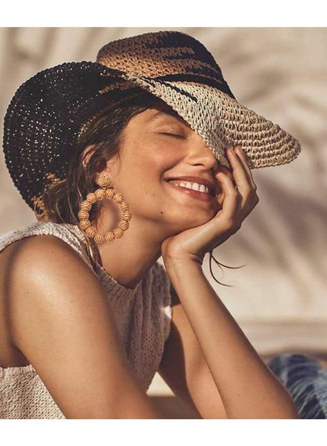 CEALXHENY Rattan Zinc Earrings Rattan Ball Hoop Dangle Earrings For Women Handmade Bohemia Earrings Braid Straw Wicker Raffia Earrings Summer Beach Accessory Gifts (Brown) - Image 3