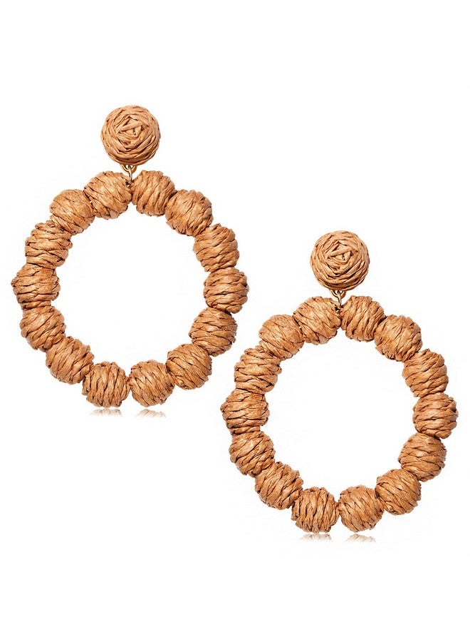 CEALXHENY Rattan Zinc Earrings Rattan Ball Hoop Dangle Earrings For Women Handmade Bohemia Earrings Braid Straw Wicker Raffia Earrings Summer Beach Accessory Gifts (Brown) - Image 1