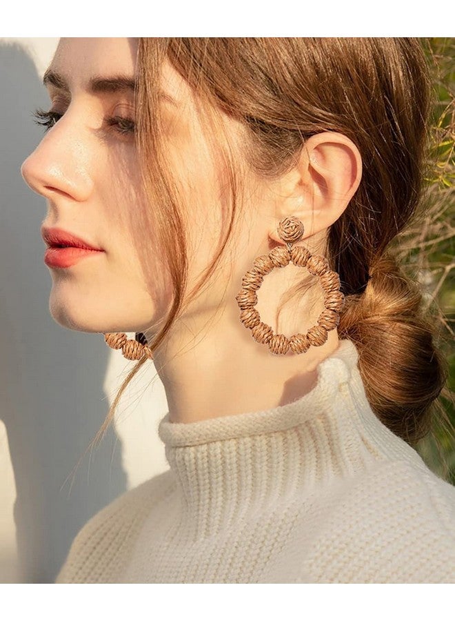 CEALXHENY Rattan Zinc Earrings Rattan Ball Hoop Dangle Earrings For Women Handmade Bohemia Earrings Braid Straw Wicker Raffia Earrings Summer Beach Accessory Gifts (Brown) - Image 2