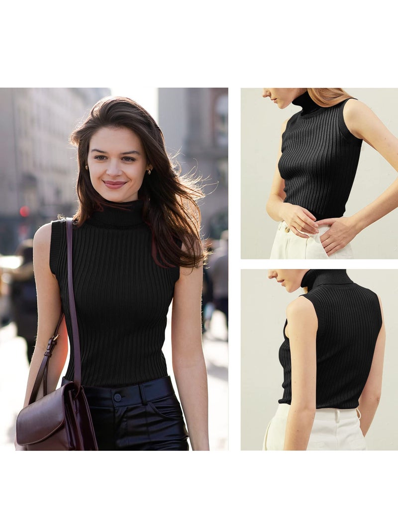 v28 Women Sleeveless High Neck Turtleneck Stretchable Knit Sweater Top (M, Black) - Image 4