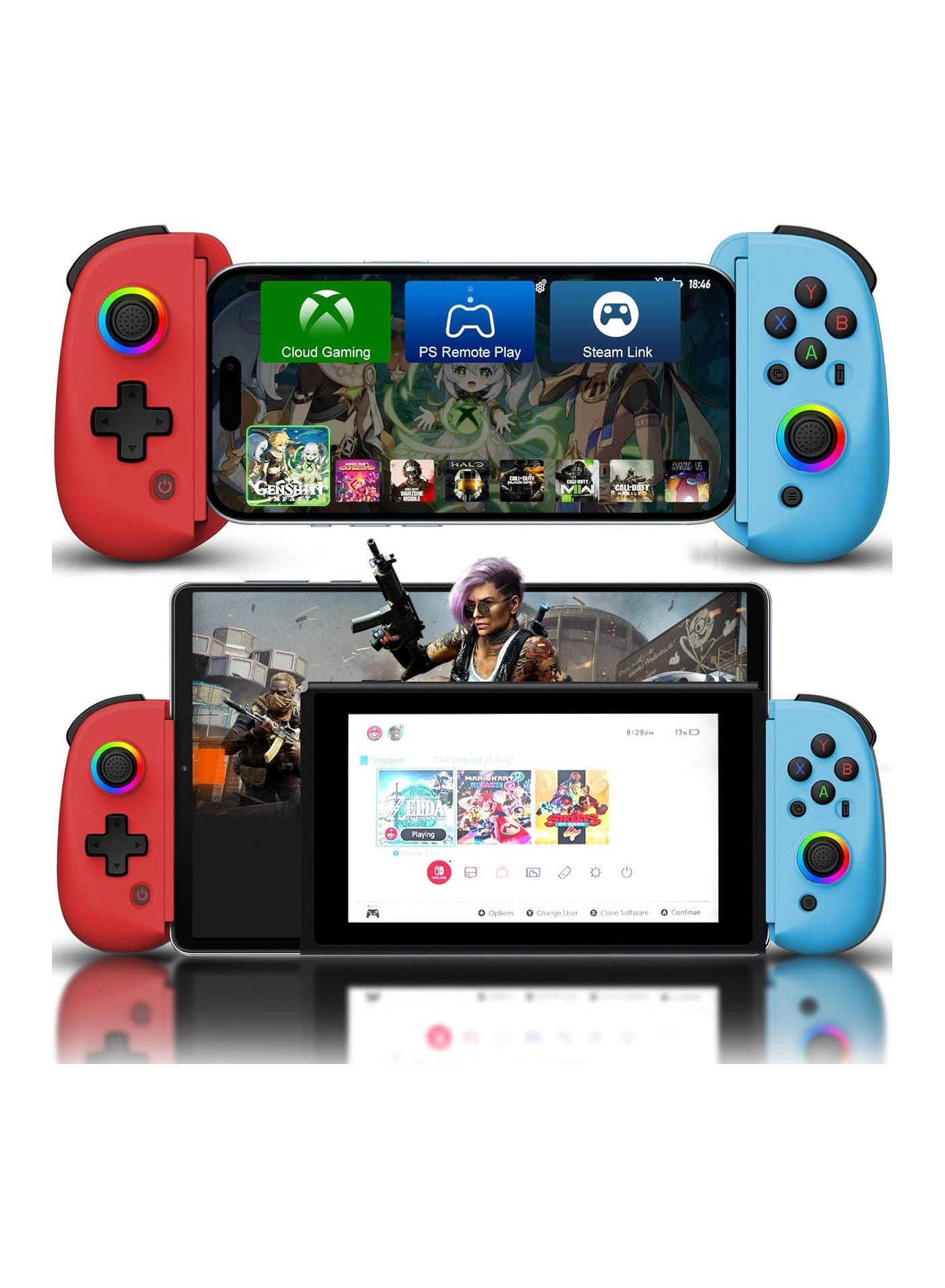D8 Wireless Mobile Gaming Controller for IOS & Android, Bluetooth Smartphone/Tablet Handheld Joystick Gamepad with Adjustable Clip for iPhone/iPad/Samsung etc.Support Xbox/PS3/4/Switch/PC (Red+Blue)