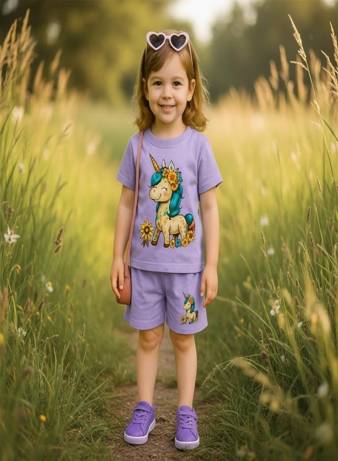 Fommy Pure Cotton T-Shirt Shorts Set for Baby Girl & Toddlers (Lavender) | Unicorn Print Summer Casual Outfit for Girls | Ultra-Soft Half Sleeve Top & Shorts Cord Set for Home, Play & Outing | 6-12M - Image 4