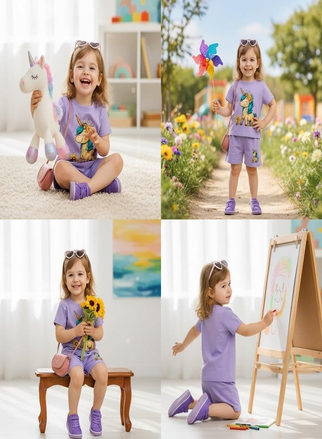 Fommy Pure Cotton T-Shirt Shorts Set for Baby Girl & Toddlers (Lavender) | Unicorn Print Summer Casual Outfit for Girls | Ultra-Soft Half Sleeve Top & Shorts Cord Set for Home, Play & Outing | 6-12M - Image 5
