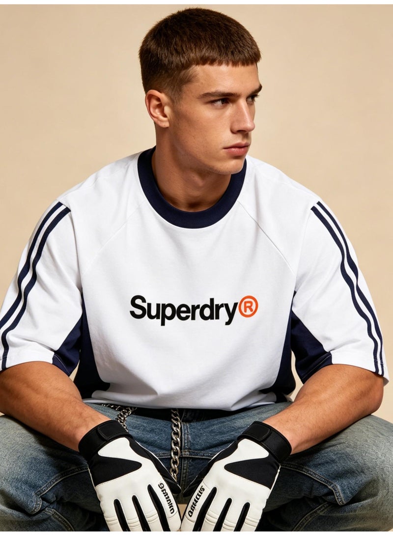 سوبر دراي Superdry men and women with the same heavyweight 100% cotton T-shirt, LOGO printed retro color block striped short-sleeved casual T-shirt. - Image 5