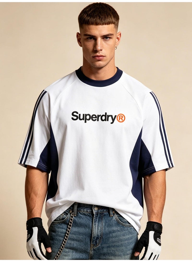 سوبر دراي Superdry men and women with the same heavyweight 100% cotton T-shirt, LOGO printed retro color block striped short-sleeved casual T-shirt. - Image 1