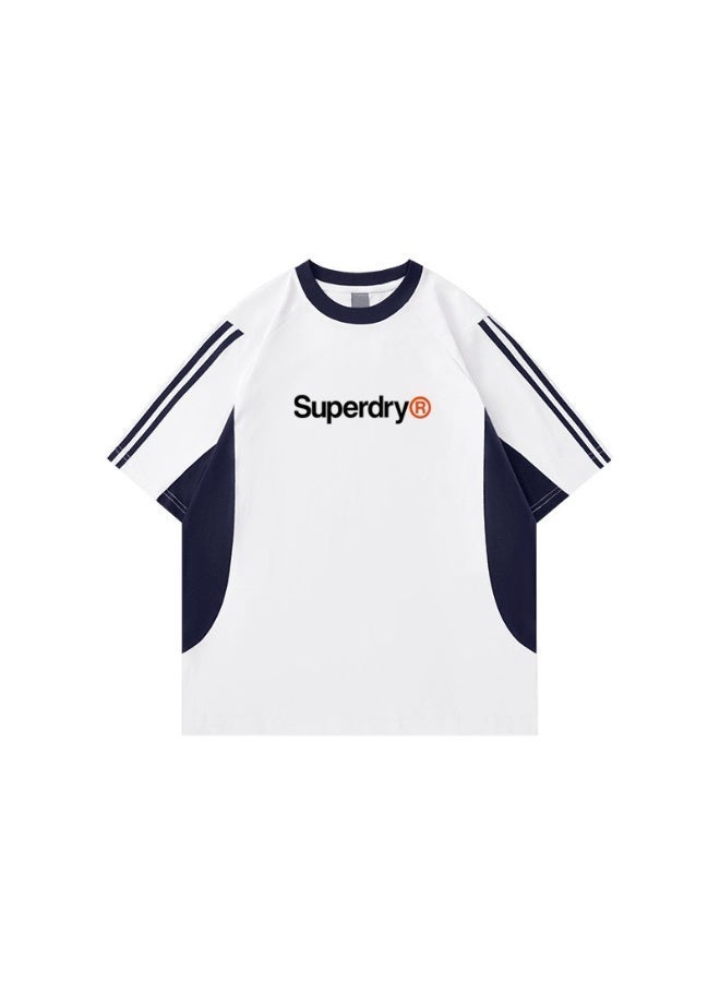 سوبر دراي Superdry men and women with the same heavyweight 100% cotton T-shirt, LOGO printed retro color block striped short-sleeved casual T-shirt. - Image 3
