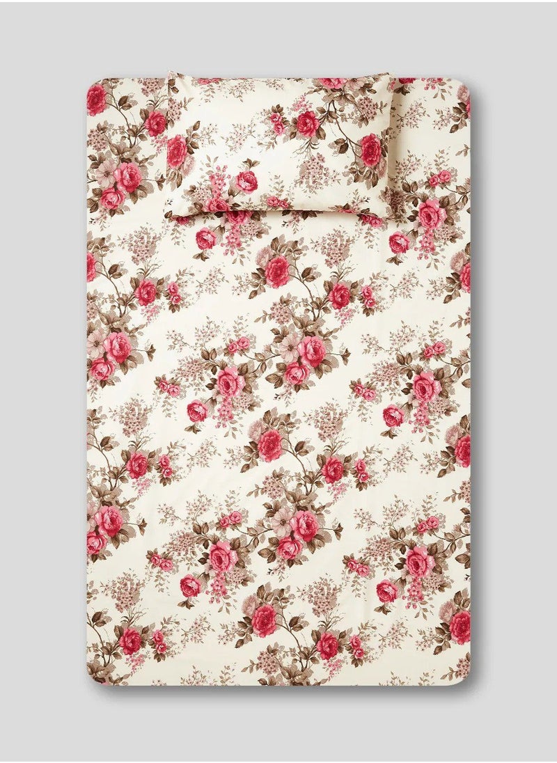 RISHAHOME 2-Piece Printed 180 TC Cotton Fitted Bedsheet Set Twin Size, Premium Collection (1 Bedsheet + 2 Pillow Cases) Turkish Rose 200x120 Cm  - Image 1