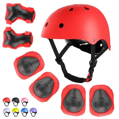 WayEee Kids Bike Helmet Set Skateboard Knee Pads, 7PCS Protective Gear Adjustable for Girls Boys 3-10 Age Elbow Pads Wrist Guards for Outdoor Sports Cycling Bike Roller Skating Scooter, Youth, Red - Image 1