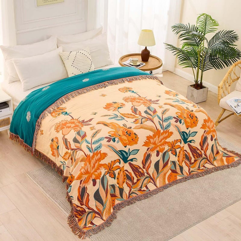 XIBLC Boho Throw Blanket for Bed  100% Cotton Soft Rustic Quilt Fall Blanket  60""x80"" Floral Printed Farmhouse Decor Bed Blankets  All Season Rustic Reversible Bohemian Throw Quilt - Image 4