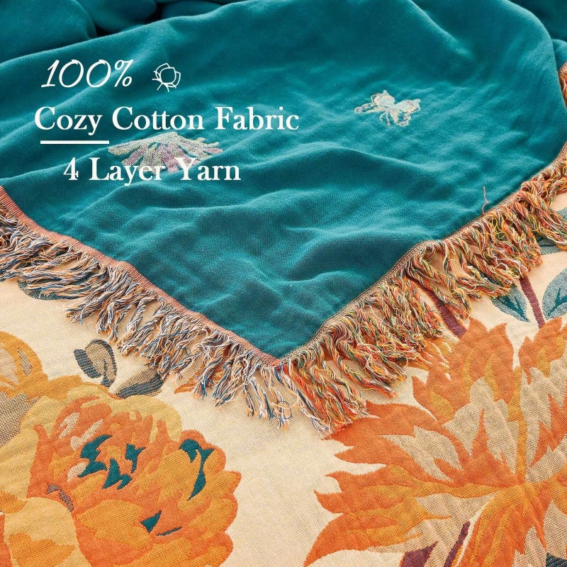XIBLC Boho Throw Blanket for Bed  100% Cotton Soft Rustic Quilt Fall Blanket  60""x80"" Floral Printed Farmhouse Decor Bed Blankets  All Season Rustic Reversible Bohemian Throw Quilt - Image 3