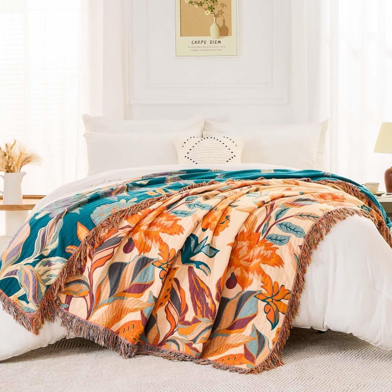 XIBLC Boho Throw Blanket for Bed  100% Cotton Soft Rustic Quilt Fall Blanket  60""x80"" Floral Printed Farmhouse Decor Bed Blankets  All Season Rustic Reversible Bohemian Throw Quilt - Image 5