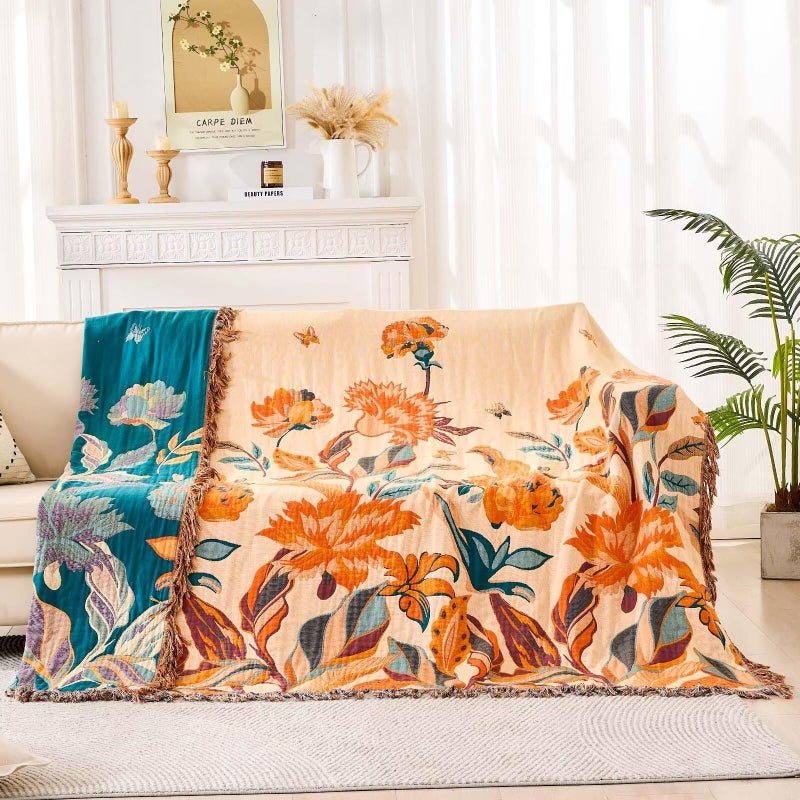 XIBLC Boho Throw Blanket for Bed  100% Cotton Soft Rustic Quilt Fall Blanket  60""x80"" Floral Printed Farmhouse Decor Bed Blankets  All Season Rustic Reversible Bohemian Throw Quilt - Image 2