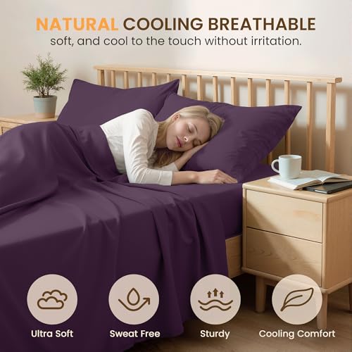 USXIBEI King Size 4 Piece Sheet Set - Comfy Breathable & Cooling Bed Sheets Set, Soft and Wrinkle Free, Deep Pockets, Easy & Secure Fit, Hotel Luxury Bedding for Women, Men - Oeko-Tex - Purple - Image 3