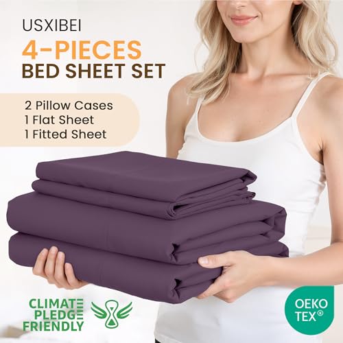 USXIBEI King Size 4 Piece Sheet Set - Comfy Breathable & Cooling Bed Sheets Set, Soft and Wrinkle Free, Deep Pockets, Easy & Secure Fit, Hotel Luxury Bedding for Women, Men - Oeko-Tex - Purple - Image 2
