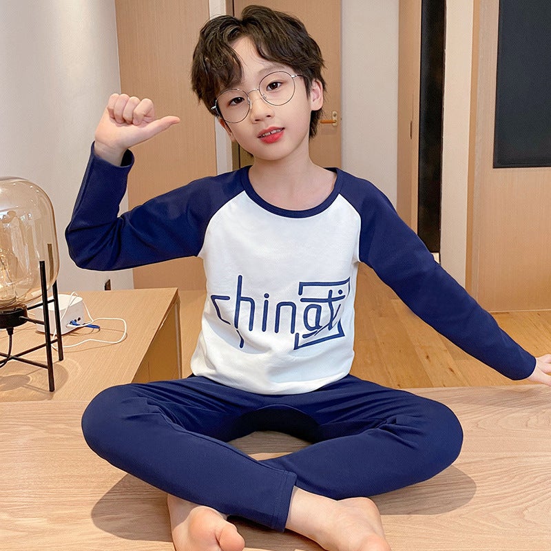 Childrens Underwear suit Cotton Middle and Large Childrens Home Clothes Boys Cotton Pajamas Boys Spring and Autumn Warm Autumn Clothes and Pants 45014# 