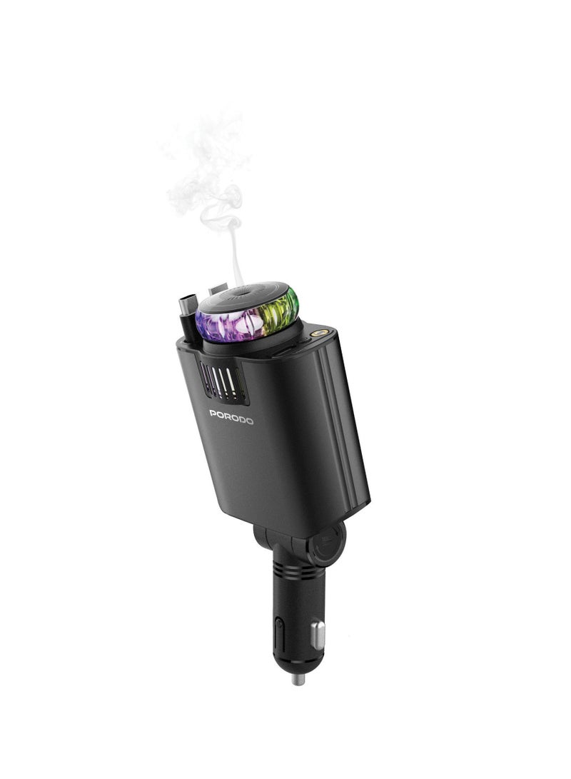 porodo Aromaglow Fast Car Charger 120W with Aromatherapy Diffuser / Car Charger with Air Diffuser / LED Starry Lights / 80cm 2× Retractable Cable / Car Charger with RGB Lights - Black - Image 1