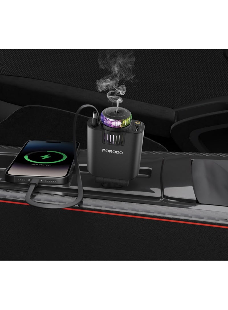 porodo Aromaglow Fast Car Charger 120W with Aromatherapy Diffuser / Car Charger with Air Diffuser / LED Starry Lights / 80cm 2× Retractable Cable / Car Charger with RGB Lights - Black - Image 3