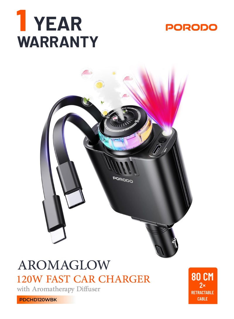 porodo Aromaglow Fast Car Charger 120W with Aromatherapy Diffuser / Car Charger with Air Diffuser / LED Starry Lights / 80cm 2× Retractable Cable / Car Charger with RGB Lights - Black - Image 5