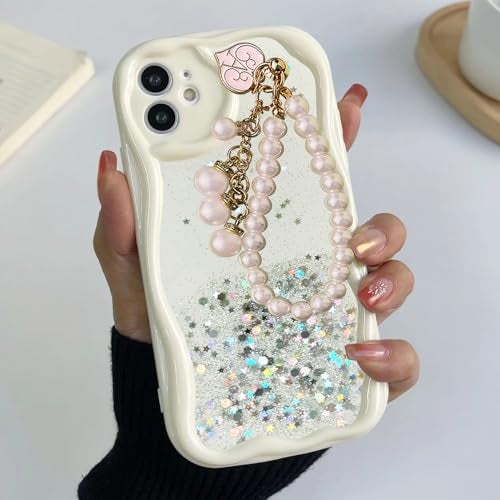 KC Back Cover for Samsung Galaxy A16 5G - Shiny Pearl Wrist Hanging Chain Dry Fixed Glitter Curly Wave Shape Shockproof Soft Silicone Case with Camera Protection (White) - Image 3