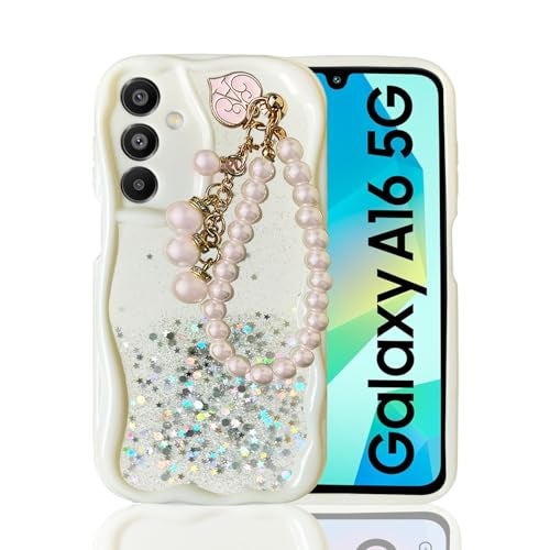 KC Back Cover for Samsung Galaxy A16 5G - Shiny Pearl Wrist Hanging Chain Dry Fixed Glitter Curly Wave Shape Shockproof Soft Silicone Case with Camera Protection (White) - Image 1
