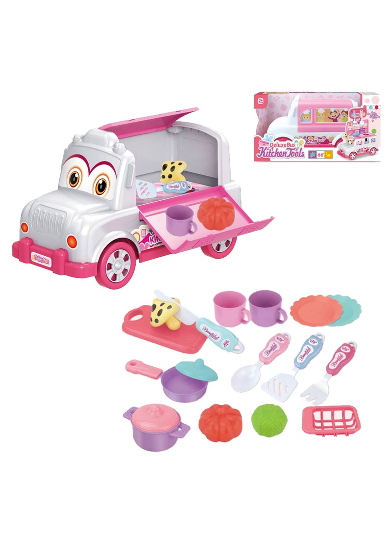 Swift 2 in 1 Deluxe Bus Kitchen Toys, Moving Restaurant Toy, Pretend Cooking Food Play Dinnerware Set Safe Cute Children Girl Toy Gift Fun Game Toy Kitchen  - Image 1
