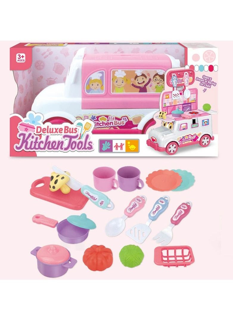 Swift 2 in 1 Deluxe Bus Kitchen Toys, Moving Restaurant Toy, Pretend Cooking Food Play Dinnerware Set Safe Cute Children Girl Toy Gift Fun Game Toy Kitchen  - Image 3