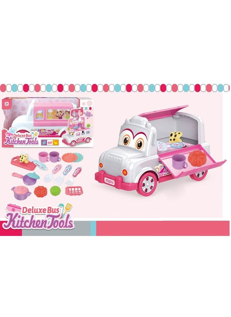 Swift 2 in 1 Deluxe Bus Kitchen Toys, Moving Restaurant Toy, Pretend Cooking Food Play Dinnerware Set Safe Cute Children Girl Toy Gift Fun Game Toy Kitchen  - Image 2