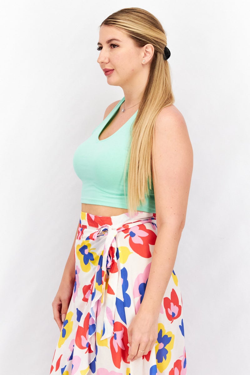 Sinsay Women Halter Neck Sleeveless Solid Crop Top, Mint Green  - Image 3