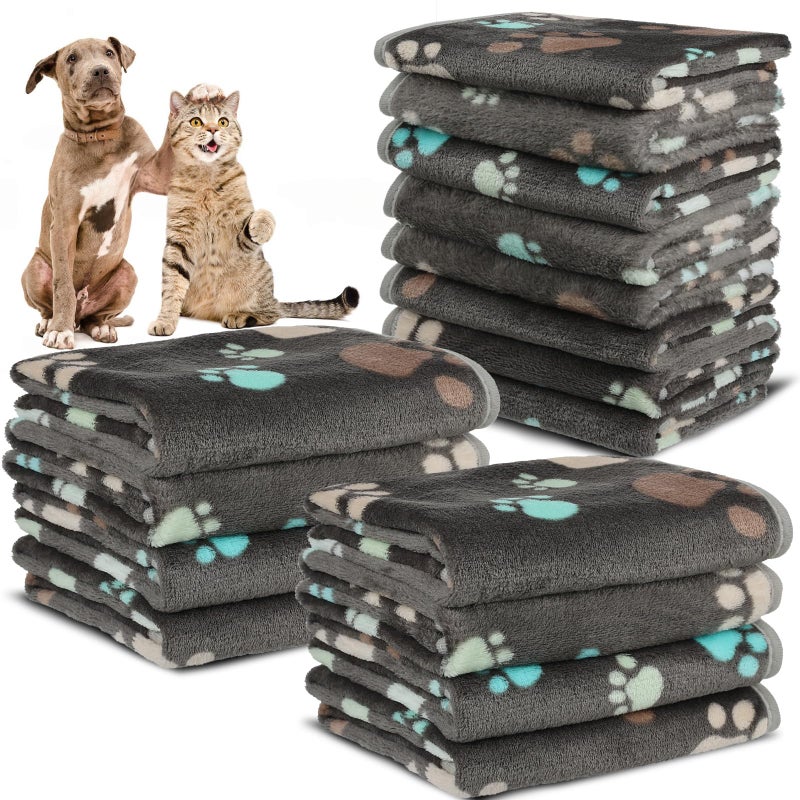 Retainbre 12 Pcs Small Dog Blanket Fleece Puppy Blankets Washable Pet Blankets for Cats Soft Flannel Paw Printed Throw for Guinea Pig Indoor Kittens Doggie (23 X 16 Inch,Dark Gray) - Image 1