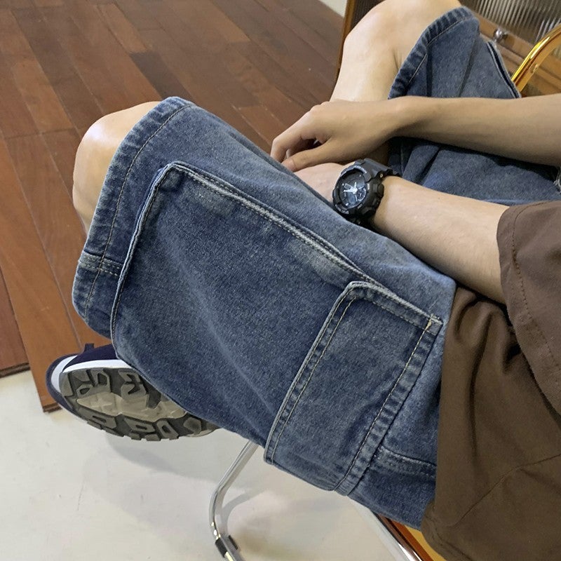 Japanese Heavy Cotton Tooling Denim Shorts American Style High Street Retro Functional Style Three-Dimensional Side Pocket Shorts For Boys - Image 1