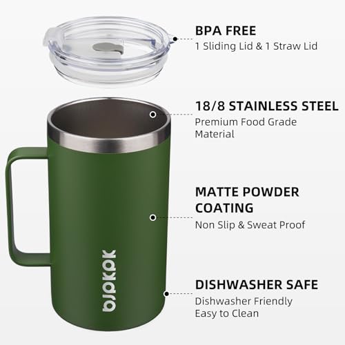 BJPKPK Insulated Coffee Mug with 2 Lids 25oz Stainless Steel Insulated Tumbler with Handle Double Wall Vacuum Coffee Cups BPA Free Travel Mug for Coffee Tea and Drinks Forest Green - Image 3