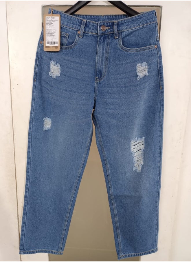 HIGH STAR Men's Indigo 100% Cotton Bleached Full Length Loose Jeans  - Image 5