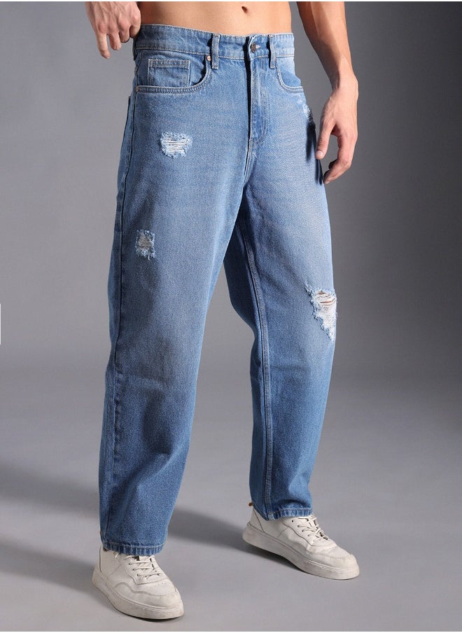 HIGH STAR Men's Indigo 100% Cotton Bleached Full Length Loose Jeans  - Image 1